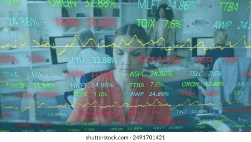 Image of financial data processing over caucasian businesswoman in office. Global business, finances, computing and data processing concept digitally generated image.