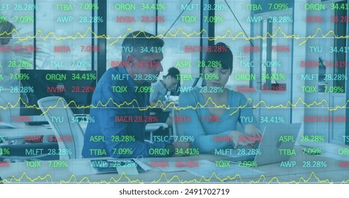 Image of financial data processing over diverse business people in office. Global business, finances, computing and data processing concept digitally generated image.
