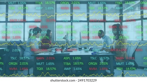 Image of financial data processing over diverse business people in office. Global business, finances, computing and data processing concept digitally generated image.