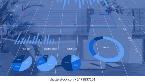 Image of financial data processing over desk in empty office. Global finance, business, connections, computing and data processing concept digitally generated image.