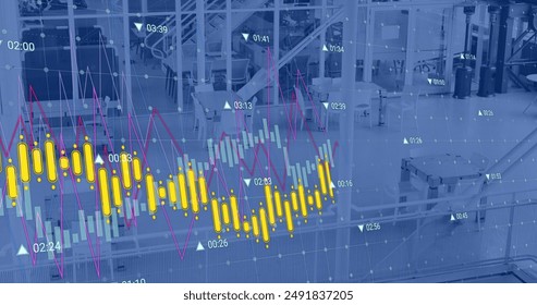 Image of financial data processing over empty office. Global finance, business, connections, computing and data processing concept digitally generated image.