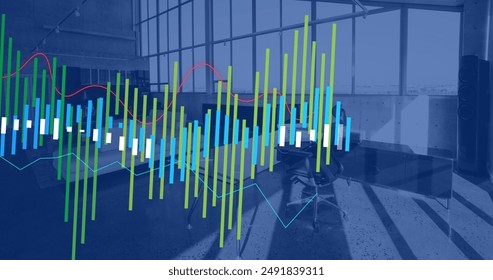 Image of financial data processing over empty office. Global finance, business, connections, computing and data processing concept digitally generated image.