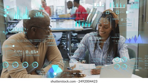 Image of financial data processing over diverse business people in office. Global finance, business, connections, computing and data processing concept digitally generated image.