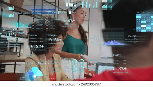 Image of financial data processing over diverse business people in office. Global finance, business, connections, computing and data processing concept digitally generated image.