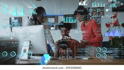 Image of financial data processing over diverse business people in office. Global finance, business, connections, computing and data processing concept digitally generated image.