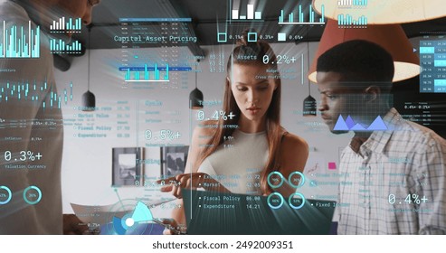 Image of financial data processing over diverse business people in office. Global finance, business, connections, computing and data processing concept digitally generated image.