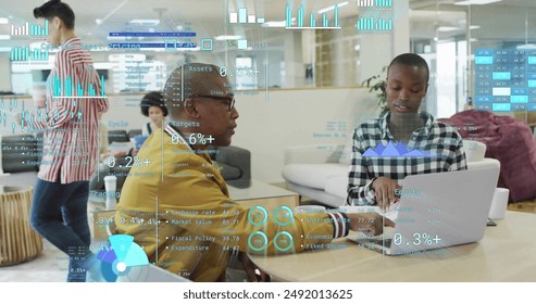 Image of financial data processing over diverse business people in office. Global finance, business, connections, computing and data processing concept digitally generated image.