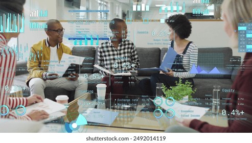 Image of financial data processing over diverse business people in office. Global finance, business, connections, computing and data processing concept digitally generated image.