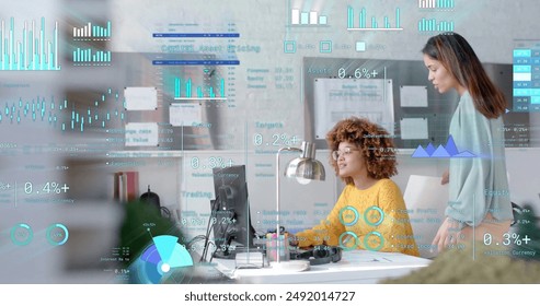 Image of financial data processing over diverse business people in office. Global finance, business, connections, computing and data processing concept digitally generated image.