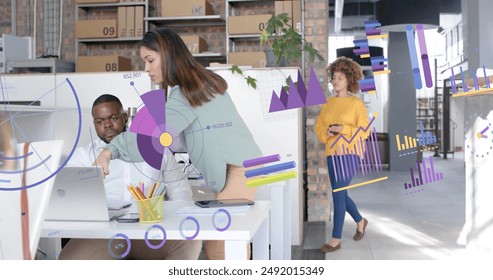 Image of financial data processing over diverse business people in office. Global finance, business, connections, computing and data processing concept digitally generated image.