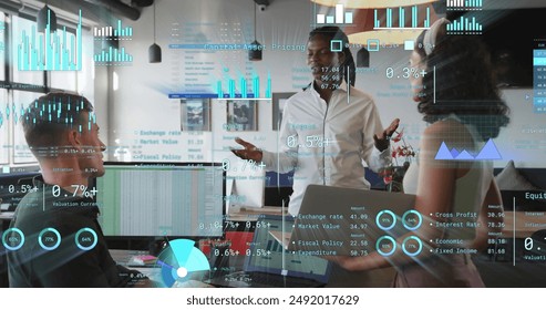 Image of financial data processing over diverse business people in office. Global finance, business, connections, computing and data processing concept digitally generated image.