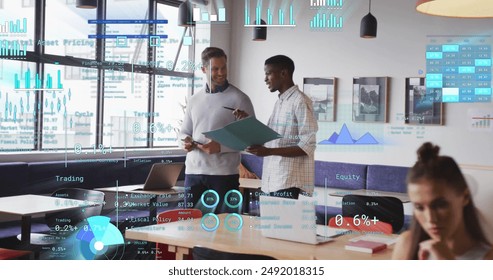 Image of financial data processing over diverse business people in office. Global finance, business, connections, computing and data processing concept digitally generated image.