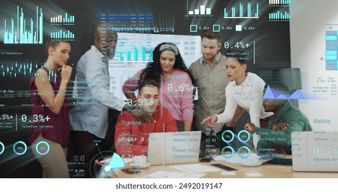 Image of financial data processing over diverse business people in office. Global finance, business, connections, computing and data processing concept digitally generated image.