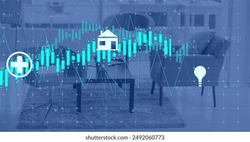 Image of financial data processing over empty office. Global finance, business, connections, computing and data processing concept digitally generated image.