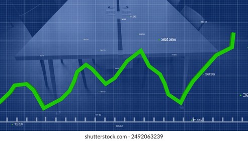 Image of financial data processing over empty office. Global finance, business, connections, computing and data processing concept digitally generated image.