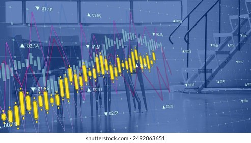Image of financial data processing over empty office. Global finance, business, connections, computing and data processing concept digitally generated image.