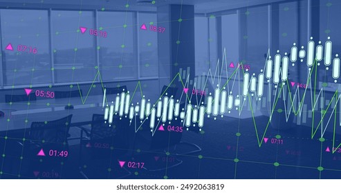 Image of financial data processing over empty office. Global finance, business, connections, computing and data processing concept digitally generated image.