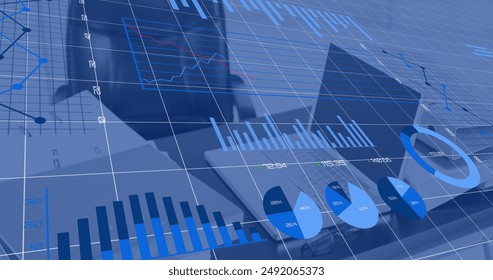 Image of financial data processing over empty office. Global finance, business, connections, computing and data processing concept digitally generated image.
