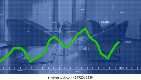 Image of financial data processing over empty office. Global finance, business, connections, computing and data processing concept digitally generated image.