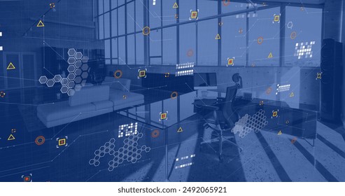 Image of financial data processing over empty office. Global finance, business, connections, computing and data processing concept digitally generated image.