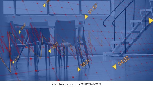 Image of financial data processing over empty office. Global finance, business, connections, computing and data processing concept digitally generated image.