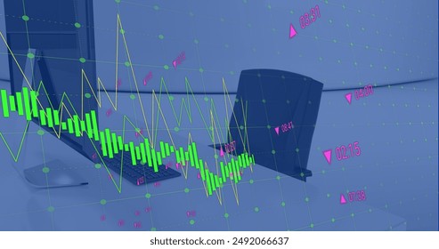 Image of financial data processing over empty office. Global finance, business, connections, computing and data processing concept digitally generated image.
