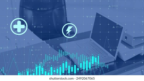 Image of financial data processing over computer on desk in empty office. Global finance, business, connections, computing and data processing concept digitally generated image.