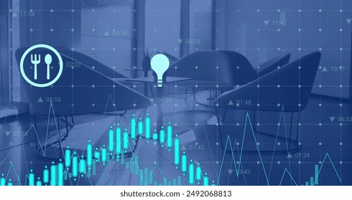 Image of financial data processing over chairs in empty office. Global finance, business, connections, computing and data processing concept digitally generated image.