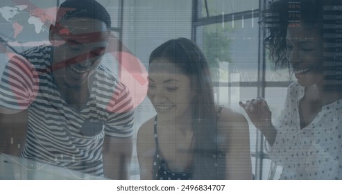 Image of financial data processing over diverse business people in office. Global finance, business, connections, computing and data processing concept digitally generated image.