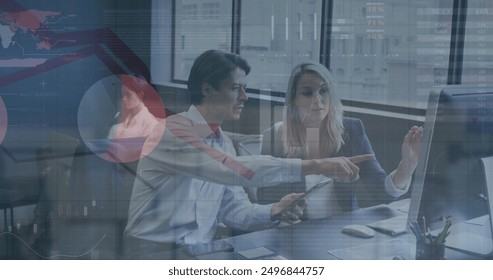 Image of financial data processing over diverse business people in office. Global finance, business, connections, computing and data processing concept digitally generated image.