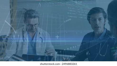 Image of financial data processing over diverse doctors in hospital. Global medicine, healthcare, connections, computing and data processing concept digitally generated image.