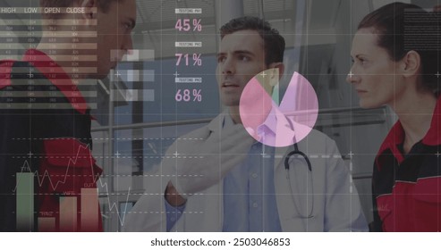 Image of financial data processing over diverse doctors in hospital. Global medicine, healthcare, connections, computing and data processing concept digitally generated image. - Powered by Shutterstock