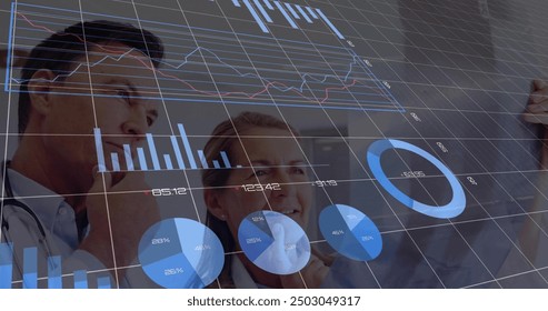 Image of financial data processing over diverse doctors in hospital. Global medicine, healthcare, connections, computing and data processing concept digitally generated image.