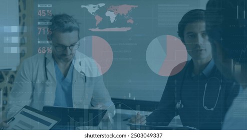 Image of financial data processing over diverse doctors in hospital. Global medicine, healthcare, connections, computing and data processing concept digitally generated image.