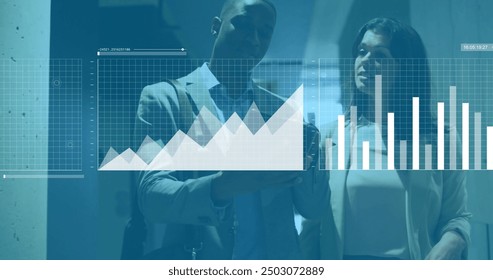 Image of financial data processing over diverse colleagues discussing work in office. Global business, finances, computing and digital interface concept digitally generated image.