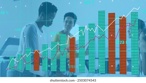 Image of financial data processing over diverse colleagues discussing work in office. Global business, finances, computing and digital interface concept digitally generated image.