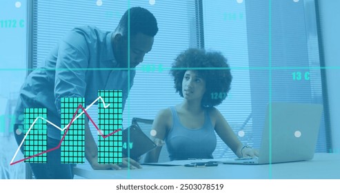 Image of financial data processing over diverse colleagues discussing work in office. Global business, finances, computing and digital interface concept digitally generated image.