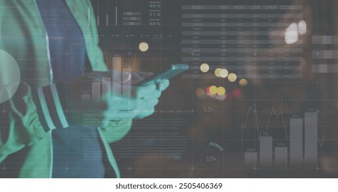 Image of financial data processing over caucasian man with smartphone on the go. Global finance, business, connections, computing and data processing concept digitally generated image.