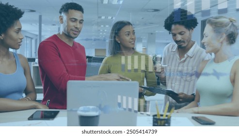 Image of financial data processing over diverse business people in office. Global finance, business, connections, computing and data processing concept digitally generated image.