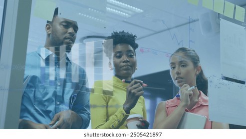 Image of financial data processing over diverse business people in office. Global finance, business, connections, computing and data processing concept digitally generated image. - Powered by Shutterstock - Get 15% off with code: PIKWIZARD15