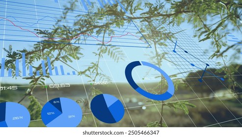 Image of financial data processing over landscape. Global finance, business, connections, computing and data processing concept digitally generated image.