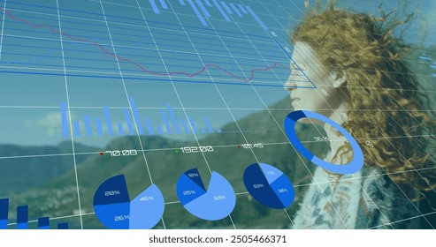 Image of financial data processing over caucasian woman and landscape. Global finance, business, connections, computing and data processing concept digitally generated image.