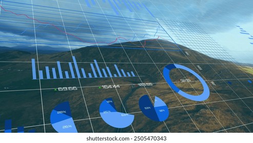Image of financial data processing over landscape. Global finance, business, connections, computing and data processing concept digitally generated image.