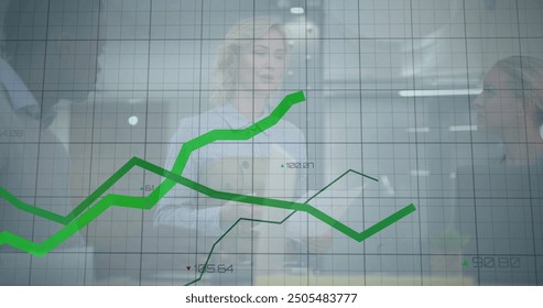 Image of financial data processing over diverse colleagues having meeting in office. Global business, computing, communication and digital interface concept digitally generated image.