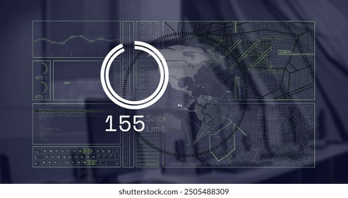 Image of financial data processing over desk in office. Global finance, business, connections, computing and data processing concept digitally generated image.