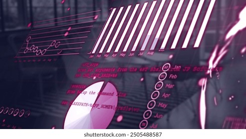 Image of financial data processing over desk in office. Global finance, business, connections, computing and data processing concept digitally generated image.