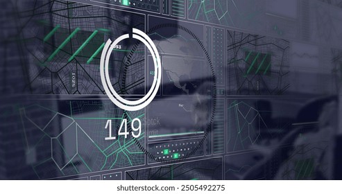 Image of financial data processing over desk in office. Global finance, business, connections, computing and data processing concept digitally generated image.