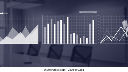 Image of financial data processing over desk in office. Global finance, business, connections, computing and data processing concept digitally generated image.