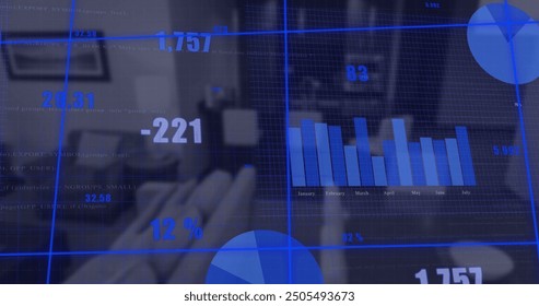 Image of financial data processing over desk in office. Global finance, business, connections, computing and data processing concept digitally generated image.