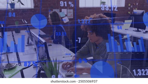Image of financial data processing over diverse business people in office. Global finance, business, connections, computing and data processing concept digitally generated image.